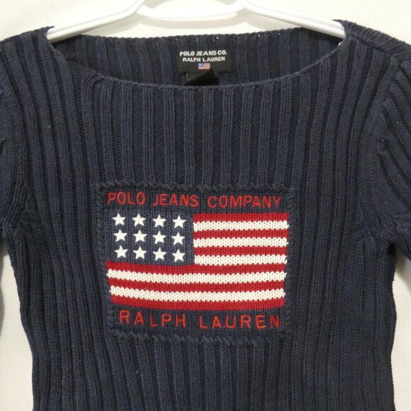 VTG POLO JEANS CO. Ralph Lauren | small | Navy Ribbed Patriotic USA Flag Sweater - Picture 4 of 16